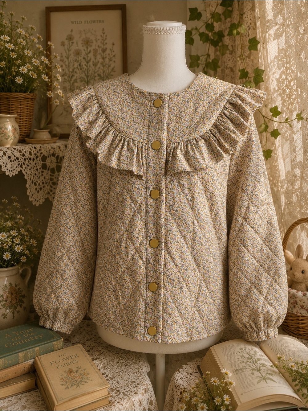 VILA Floral Quilted Jacket Ruffle Collar Snap Button NWOT Cottagecore